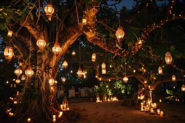 Romantic Night Wedding Celebration Under Vintage Lamps and Candles on Bali. Keywords: night wedding, vintage lamps, candles, big tree, bali, arch, celebrate, ceremony, beautiful