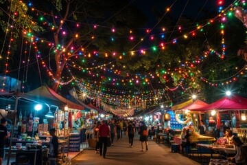 A group of people walking along a brightly lit street covered in colorful lights, bustling with activity