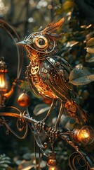 Steampunk inspired clockwork bird, brass feathers and ticking wings Perched on a wrought iron branch in a whimsical mechanical garden A 3D render, with golden hour lighting for a magical glow