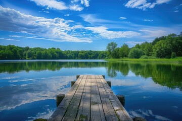 Serene Scene of Small Wood Dock with Reflection of Park's Blue Sky and Nature in the Water of Lake - obrazy, fototapety, plakaty