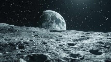 Surface of the Moon Landscape. Flying Over Lunar Surface in the Light of Moonlight. Close Up View of Universal 3D Rendering in Night Phase