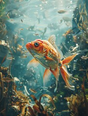 Fototapeta premium Water, Fish, lonely, Struggling in a contaminated ocean ruled by a powerful corporation, swim through discarded technology