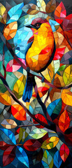 Colorful stained-glass bird on a tree branch. Abstract background. - 769729079