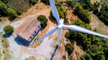 Wind turbines providing renewable green energy on dry countryside, view from above