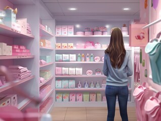 A woman is standing in a pink store aisle, looking at the pink items. Scene is lighthearted and playful