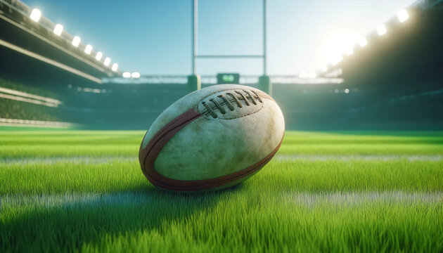 a hyper-realistic image of a rugby ball placed in the center of an outdoor rugby field