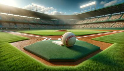 a hyper-realistic image of a baseball laying on the pitcher's mound in the center of a meticulously maintained outdoor baseball field.  - Powered by Adobe