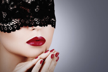 Mysterious Beauty with Black Lace Blindfold and Red Lipstick