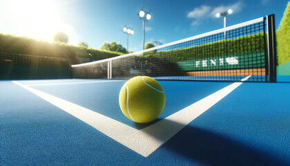 A realistic and detailed image featuring a tennis ball placed in the center of an outdoor tennis court 