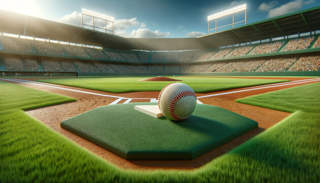 a hyper-realistic image of a baseball laying on the pitcher's mound in the center of a meticulously maintained outdoor baseball field. 