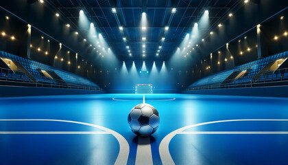 A realistic and detailed image featuring a futsal ball placed in the center of an indoor futsal court