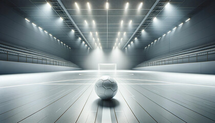 A realistic and detailed image featuring a futsal ball placed in the center of an indoor futsal court