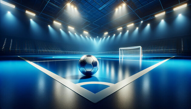 A realistic and detailed image featuring a futsal ball placed in the center of an indoor futsal court
