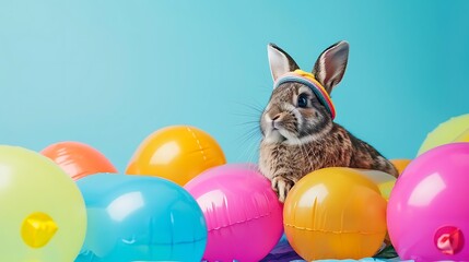 cute bunny rabbit in amusing cap among vivid inflatables on blue background