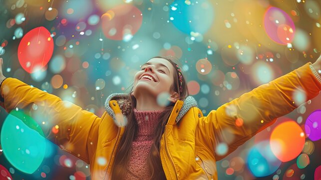 Happy little girl, bright confetti and colorful joy. Celebrating happiness, a girl with a big smile throws confetti. The feeling of a fairy tale moment.