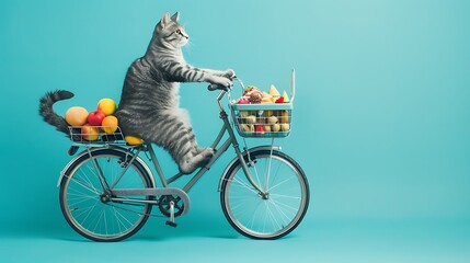 cute cat riding a bike with a bin loaded with hidden little goodies on blue background