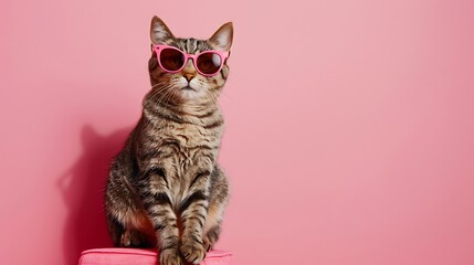 cute feline in popular outfit and shades sitting on agreeable seat against pink background - obrazy, fototapety, plakaty