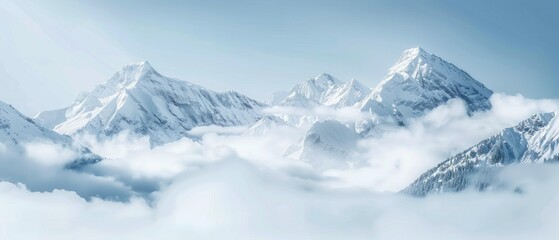 panorama view of cold snowy mountains ranges peaks at altitude landscape covered with clouds at daytime