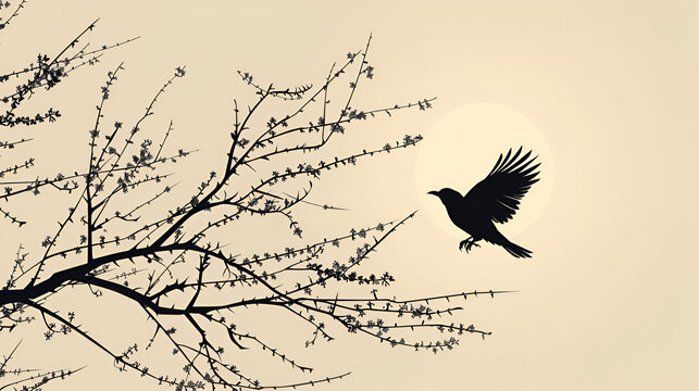 Flying bird branch silhouette illustration isolated on a white background, generative Ai
