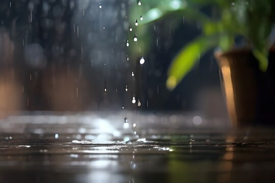 A close-up image of a rain shower captured on a dark surface. This picture can be used to depict the beauty of nature and the tranquility of rain showers. Generative AI