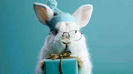 Poster cute white hare in glasses and cap holding a gift box blue background © Emma
