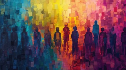 Abstract watercolor illustration different people silhouette standing in row - obrazy, fototapety, plakaty