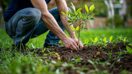 un homme fait du jardinage et plante un arbuste dans son jardin