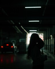 Silhouette of a young woman in a dimly lit underground parking lot.