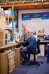 Business people, man and woman with portrait in warehouse with inventory, quality control and check...
