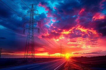 Visualize the silhouette of a high voltage electric tower set against the radiant glow of a sunset, where the dark outline of the structure stands in sharp relief against the colorful evening sky - Powered by Adobe