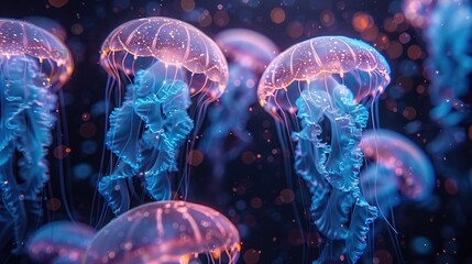Group glowing sea jellyfishes on dark background.