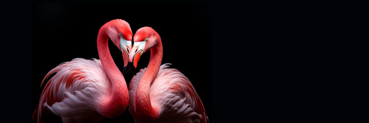 Portrait of a couple of pink flamingos on black panoramic background, shape of a heart, love and valentines day web banner - 769731495