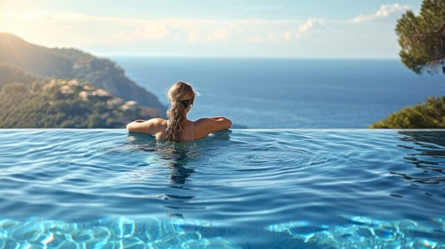 A Slim Female Stands Against the Boundless Beauty of Ocean and Mountains from the Privacy of an Infinity Pool