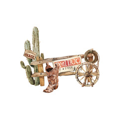 Watercolor wild west set. Western farm composition with cactus, cowboy boots, hat Retro scene in country style perfect for print, card design