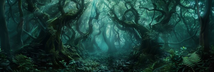 A mystical forest texture, filled with the deep greens and mysterious shadows of the Haunted Forest, offering a magical and enchanted background created with Generative AI Technology - obrazy, fototapety, plakaty