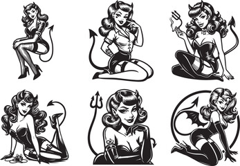 Devilish Beauties Six  Pin-Up Girls black vector 