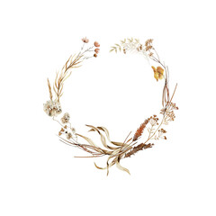 Watercolor boho elegant wreath with dried grass, flowers, branches, leaves. Floral frame perfect for fabric textile, wedding greeting cards
