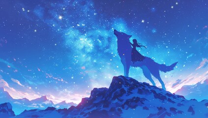 A wolf standing on top of a mountain howling at the night sky full of stars and green lights, an anime boy riding him in a side view, fantasy art  - obrazy, fototapety, plakaty
