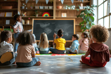 kids in elementary daycare sitting on floor, listening to teacher. nursery school children having preschool lesson