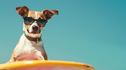 Entertaining canine in shades surf on a surfboard on blue background