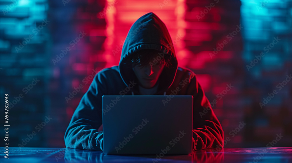 Poster person on computer hacking into a business system for illegal purposes.