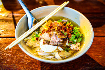 Kuay Jab is a Thai food consisting of noodles and soup. - obrazy, fototapety, plakaty
