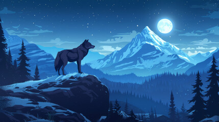 Artistic depiction of a wolf silhouette standing on a rock with a full moon and mountainous landscape. - obrazy, fototapety, plakaty