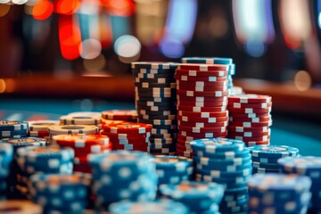 Naklejka premium stacks of poker chips on a gaming table in casino, close up shot of piled up gambling chips, casino banner concept with copy space, gamble venue header