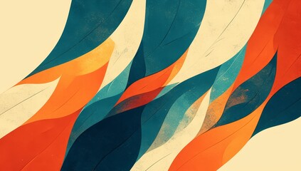 abstract background with colors of teal, orange and brown. The design is made up of overlapping shapes that give the impression of leaf textures or fabric folds. 