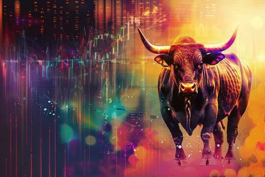 bull on a vibrant background with cryptocurrency trading charts and data bullish trend Financial investing stock market