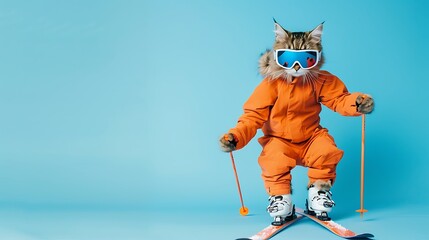 feline bouncing on a blue background in an orange ski suit and by ski