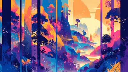 Abstract forest with colourful geometric shapes, textured and layered