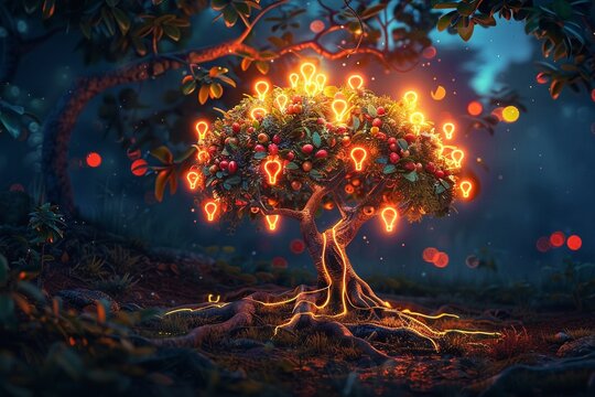 Wisdom tree neon light bulb as fruit roots and branches intertwined with glowing knowledge symbols