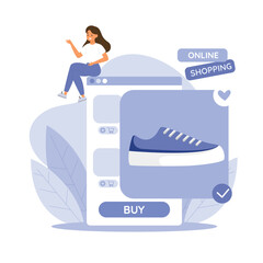 Woman online shopping, sitting on huge web page, choosing clothes. Modern simple illustration
